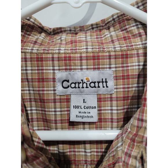 Carhartt Mens Large Shirt Button Down Plaid Short Sleeve Red Brown Cotton - Picture 2 of 7